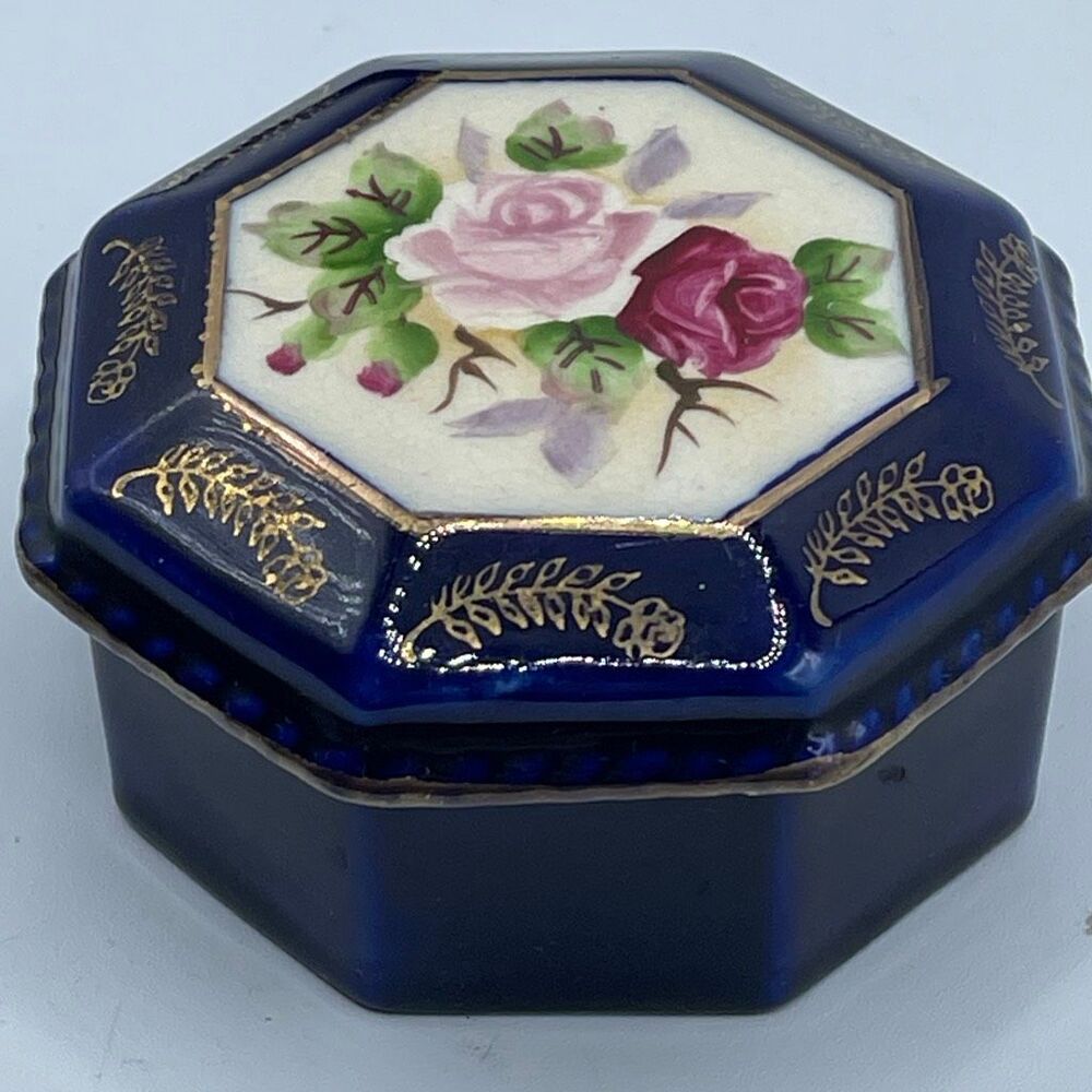 Vintage Octagonal floral trinket box royal blue Japan.
